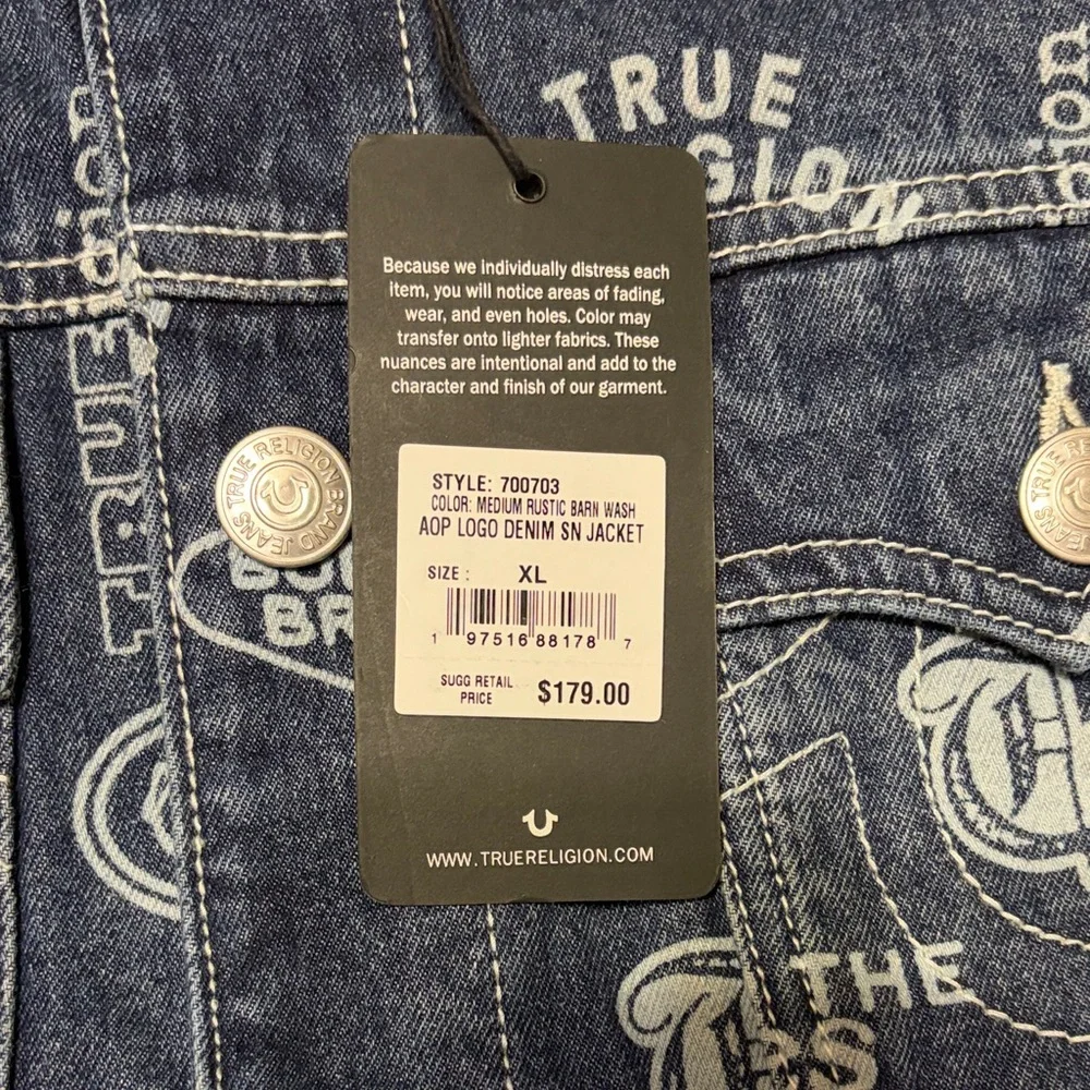 True Religion AOP Logo Denim SN Jacket Medium Rustic Barn Wash Size XL NWT - Picture 7 of 12
